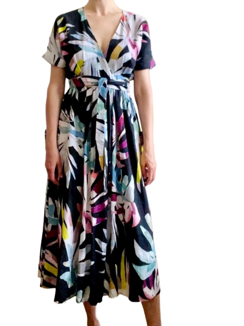 Mara Hoffman Wrap Dress, Tropical Print on Black Background. Linen.